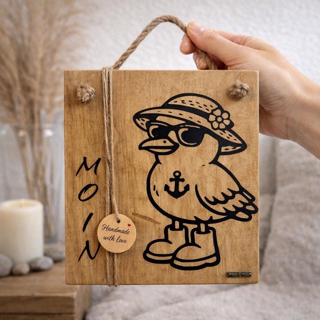 Holzschild Moin mit Möwe aus Eichenholz in der Hand gehalten maritime Wanddeko nordisch