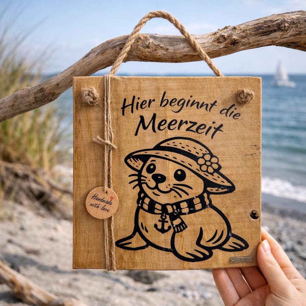 Küsten Deko Holzschild Meerzeit aus Eichenholz am Strand fotografiert von Treibholzzauber79