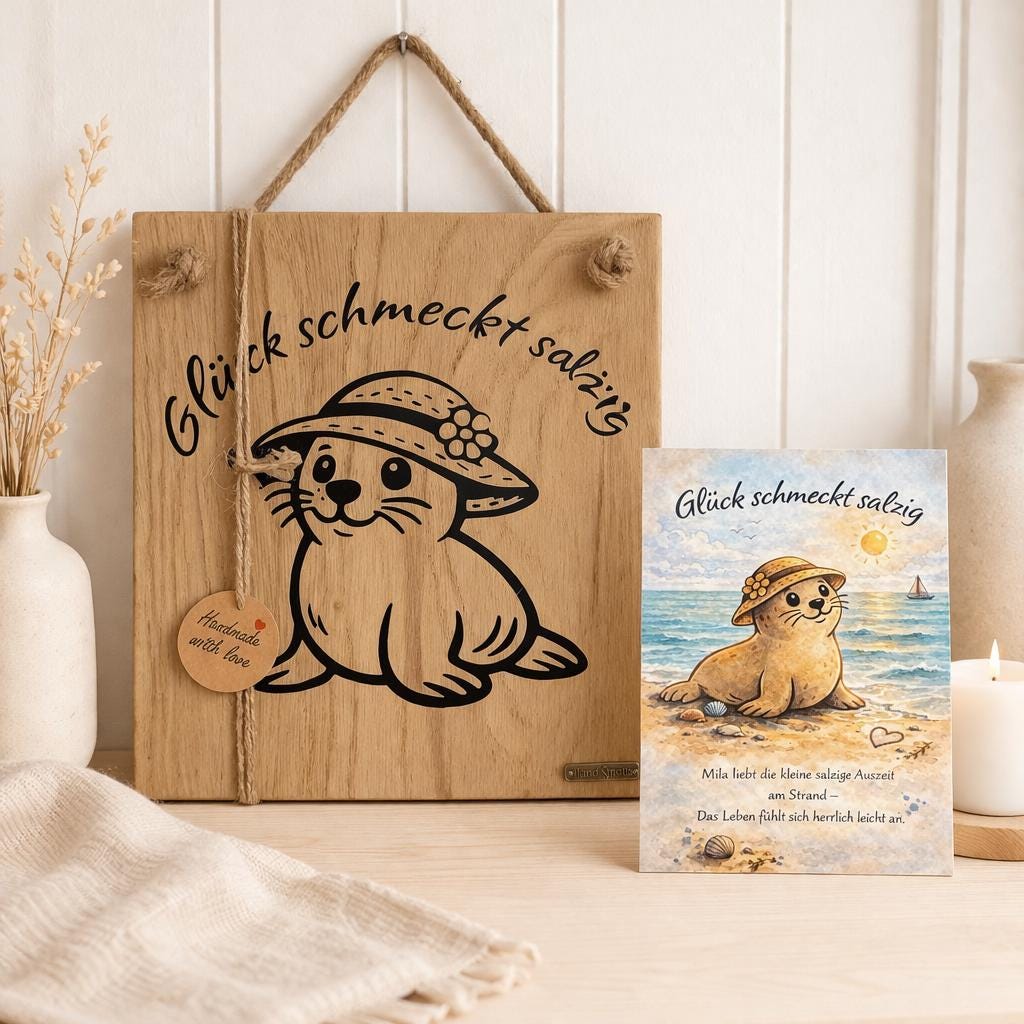 Holzschild mit Robben Motiv und passender Postkarte als Set Küstendeko Geschenk Idee von Treibholzzauber79