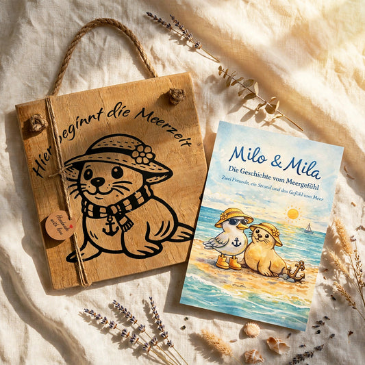 Hier beginnt die Meerzeit Holzschild mit Postkarte Mila, maritime Wanddeko Holz Set, nordisches Küstengeschenk handgemacht
