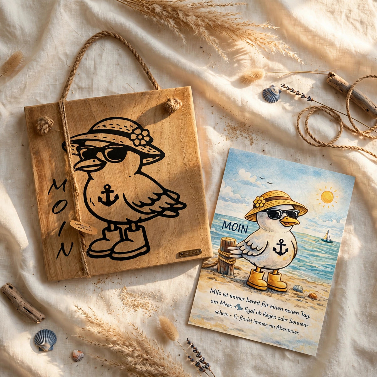 Holzschild Moin Moewe Milo & Mila mit Postkarte Milo, maritime Holzdeko Set, nordische Wanddeko Küste handgemacht