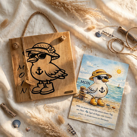 Holzschild Moin Moewe Milo & Mila mit Postkarte Milo, maritime Holzdeko Set, nordische Wanddeko Küste handgemacht