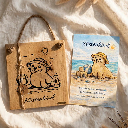 Küstenkind Holzschild mit Postkarte aus Eichenholz mit Robbe - maritime Deko von Treibholzzauber79