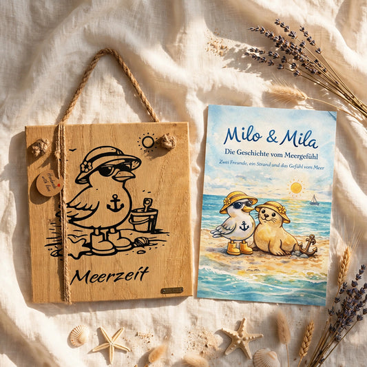 Meerzeit Holzschild mit Postkarte aus Eichenholz und mit Möwe Milo - maritime Deko von Treibholzzauber79