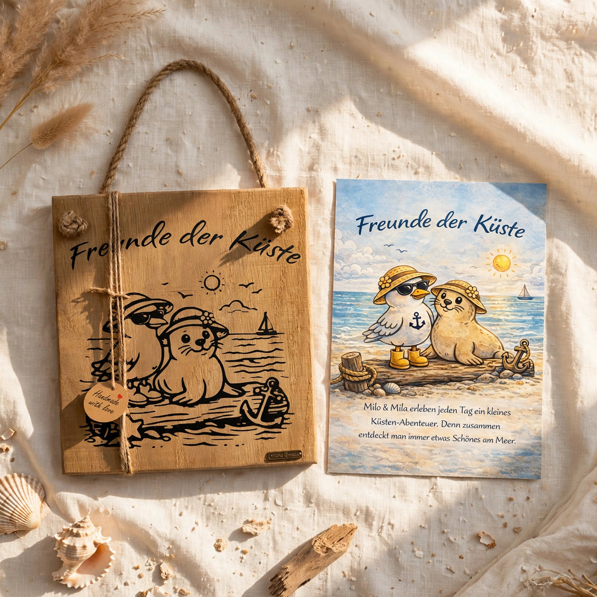 Freunde der Küste Holzschild mit Postkarte Milo und Mila, maritimes Wandbild aus Holz, handgemachte Küstendeko Set
