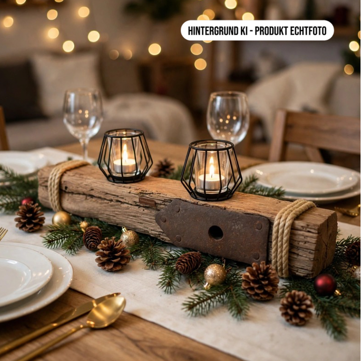 Rustikaler Treibholz Kerzenhalter 2er mit schwarzen Drahtkörben, brennende Teelichter auf festlich gedecktem Weihnachtstisch, Tischdeko Advent

