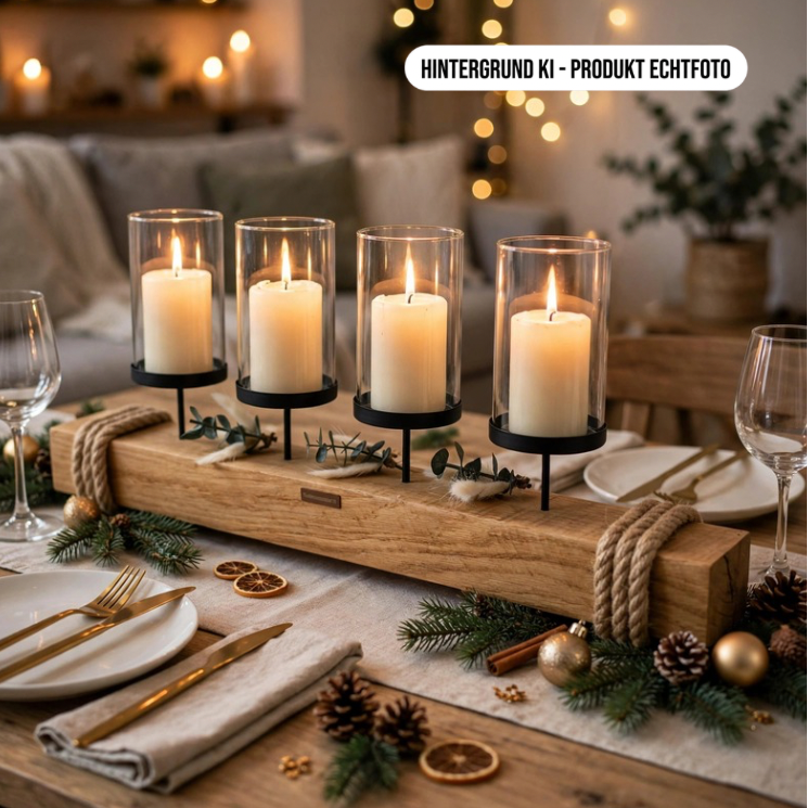 Adventskranz Treibholz hell 58cm mit 4 Windlichtern auf Stelzen, creme Kerzen brennend, Eukalyptus Deko, festliche Tischdeko Weihnachten
