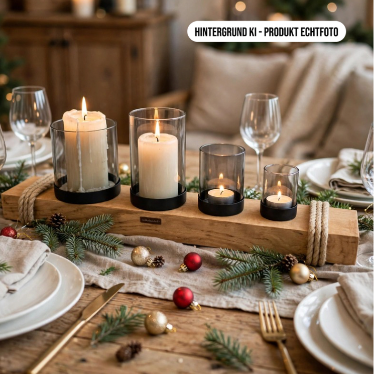Treibholz Kerzenbrett 58cm hell, 2 große und 2 kleine Kerzen brennend in Rauchglas, Weihnachts Tischdeko, Adventskranz Holz rustikal
