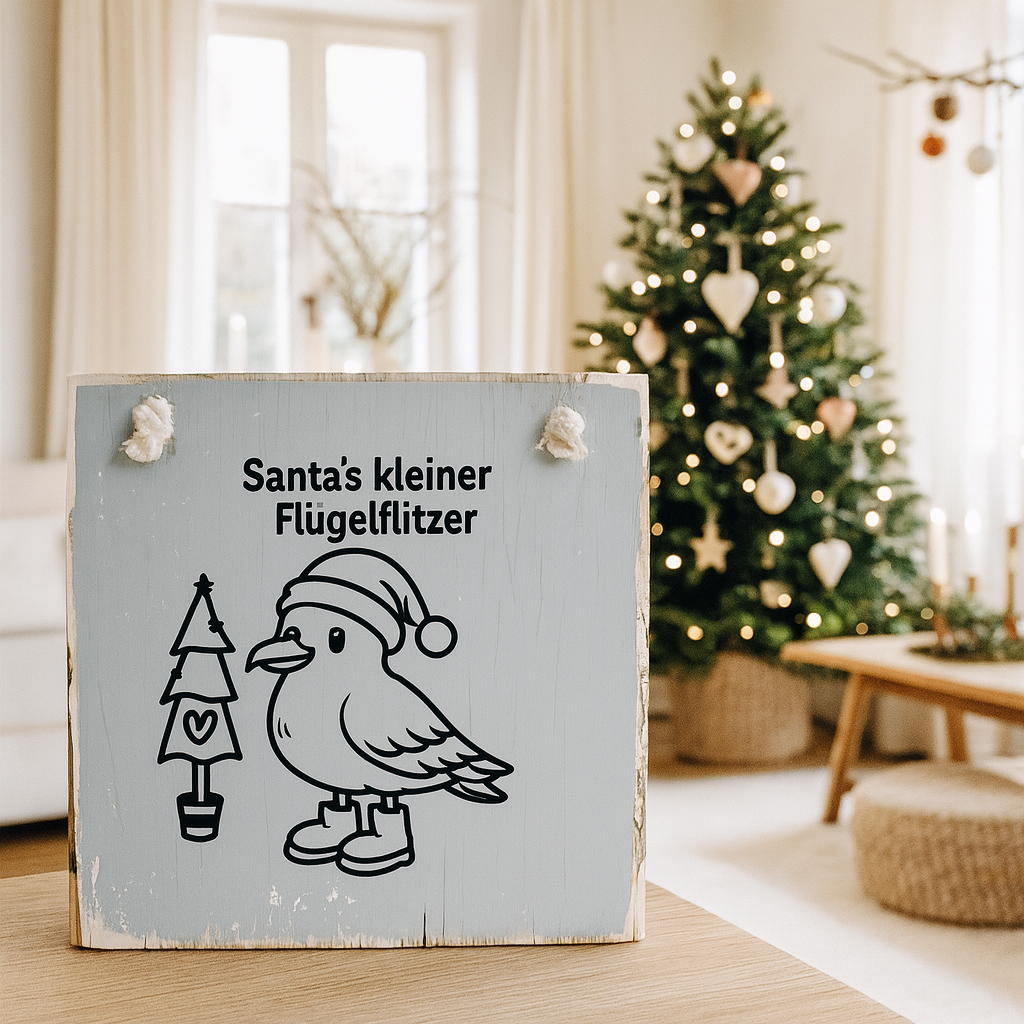 Holzschild „Santa's kleiner Flügelflitzer" mit Möwe und Weihnachtsmütze – maritime Weihnachtsdeko