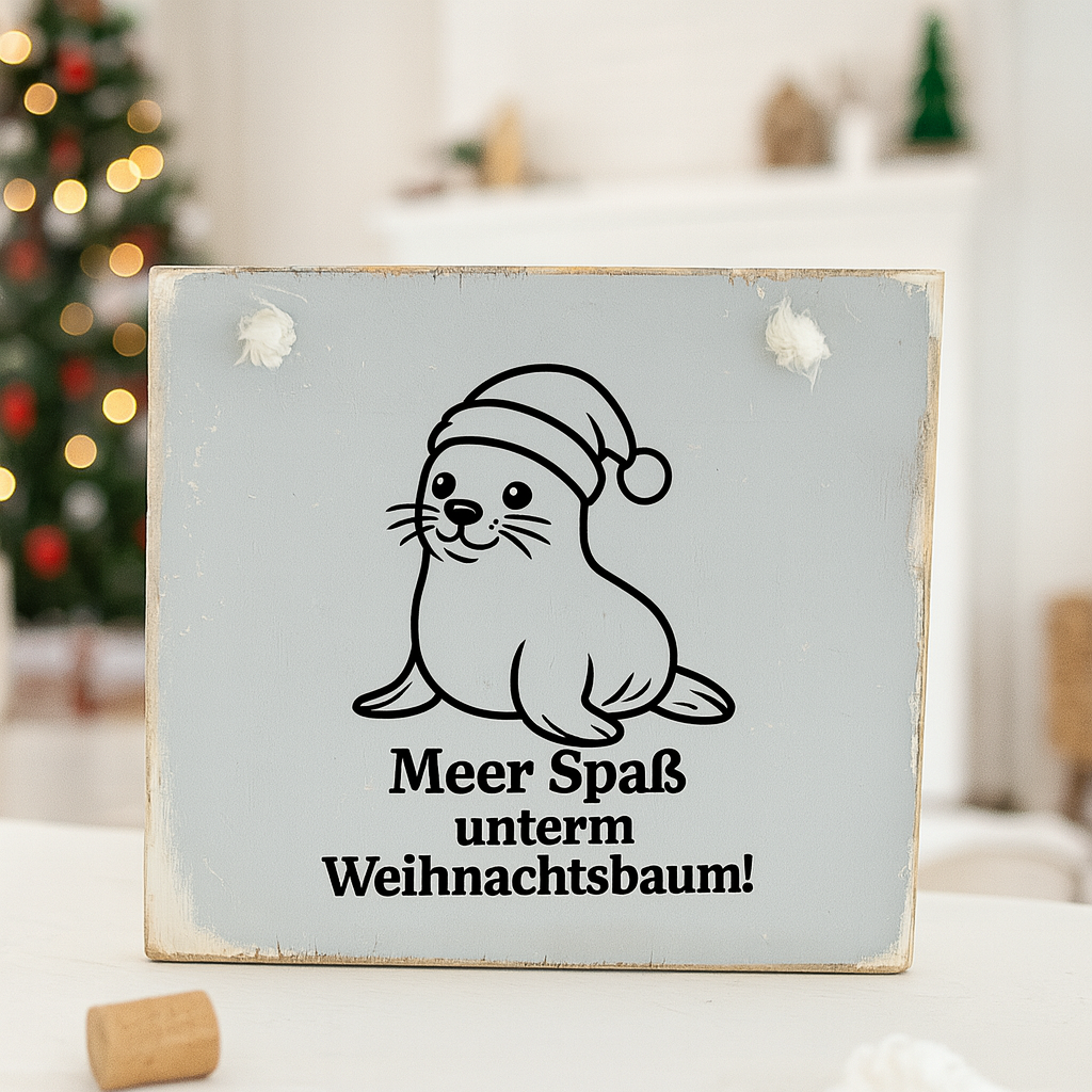 Weißes Holzschild mit Robbe und Weihnachtsmütze – maritimes Dekoschild Weihnachten von Treibholzzauber79