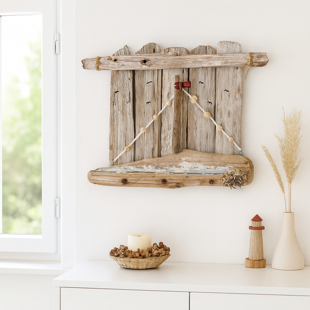 Driftwood Wanddeko aus Treibholz in Naturtönen, maritim gestaltet mit kleinen Muscheln und Segelmotiv von Treibholzzauber79