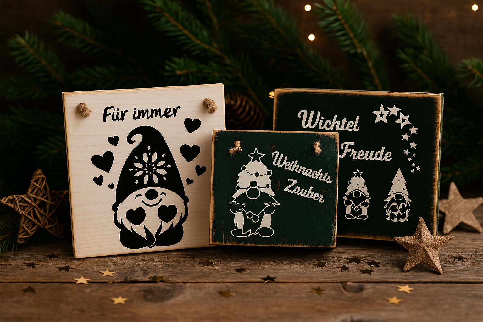 Drei Holz-Weihnachtsschilder mit Wichtel-Motiv – handgemachte maritime Türdeko, Küstenstil