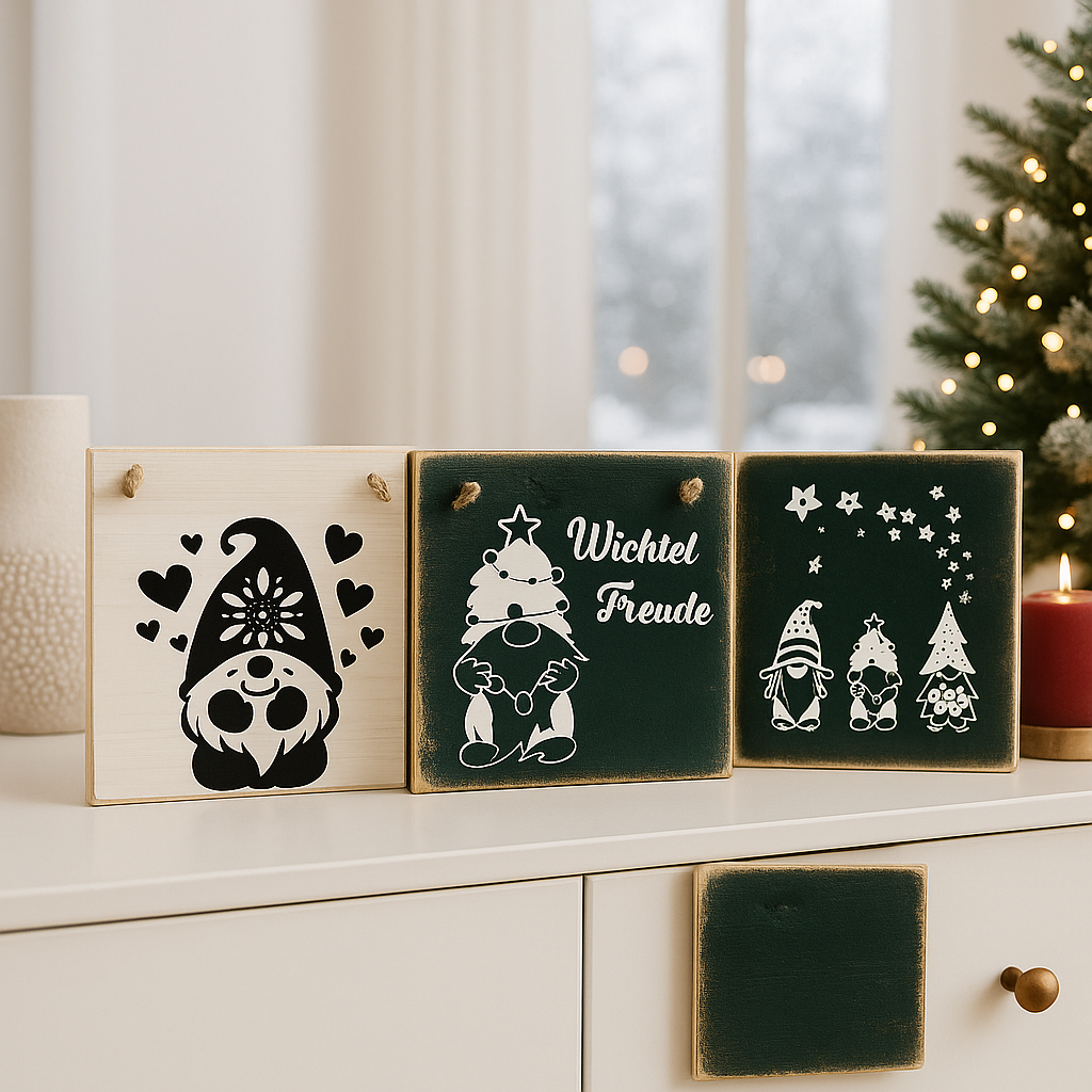 Deko Weihnachtswichtel auf Holz - Drei Holz-Weihnachtsschilder mit Wichtel-Motiv – handgemachte maritime Türdeko, Küstenstil