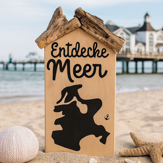 Handgefertigtes Holzhaus Rügen „Entdecke Meer“ mit Silhouette der Insel, Strandmotiv mit Seestern, Muscheln.