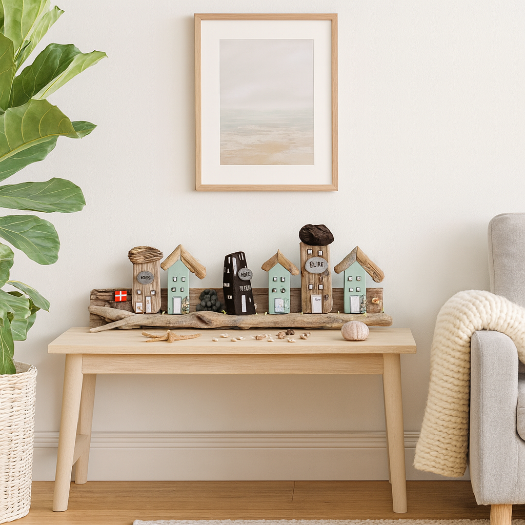Handgemachtes Wandbild aus Treibholz – kleine Küstenhäuschen mit Café und Surfhaus, liebevoll dekoriert von Treibholzzauber79