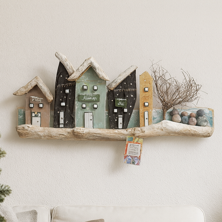 Handgemachtes Wandbild aus Treibholz mit kleinen bunten Holzhäusern im Winterdesign, dekoriert mit Schneeeffekt