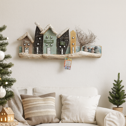 Handgemachtes Wandbild aus Treibholz mit kleinen bunten Holzhäusern im Winterdesign, dekoriert mit Schneeeffekt