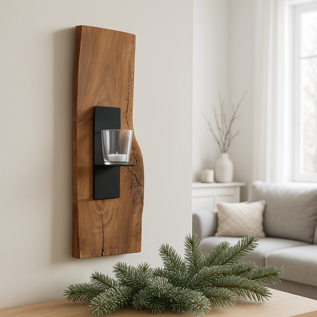 Wandkerzenhalter aus Holz Eiche besteht aus einer Naturholzplanke mit einer rohen Kante, einer schwarzen Metallhalterung