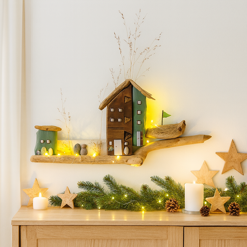 Treibholz Wanddeko Haus aus Treibholz mit kleinen Minihäusern und warmen LED-Lichtern auf heller Wand, maritime Dekoration.