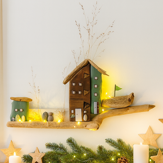 Treibholz Wanddeko Haus aus Treibholz mit kleinen Minihäusern und warmen LED-Lichtern auf heller Wand, maritime Dekoration.