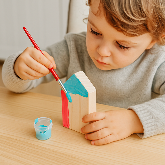 Das DIY Set Holzhaus bemalen enthält ein unbehandeltes Holzhaus, 6 Farben, einen Pinsel und Muscheln.