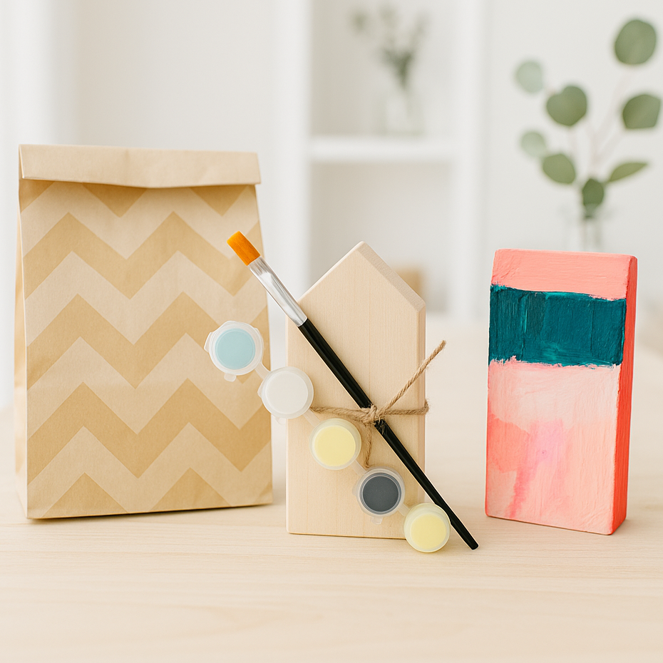 DIY Set Holzhäuschen bemalen enthält ein unbehandeltes Holzhaus, 6 Farben, einen Pinsel und Muscheln.
