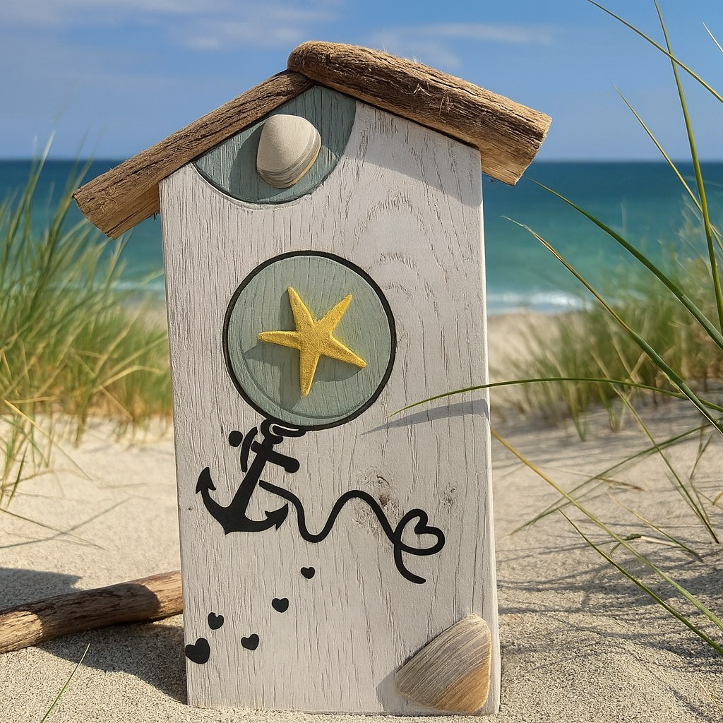 Kleines maritimes Treibholzhaus aus Holz mit Muscheln und Seestern, liebevoll dekorierte Küstendeko.