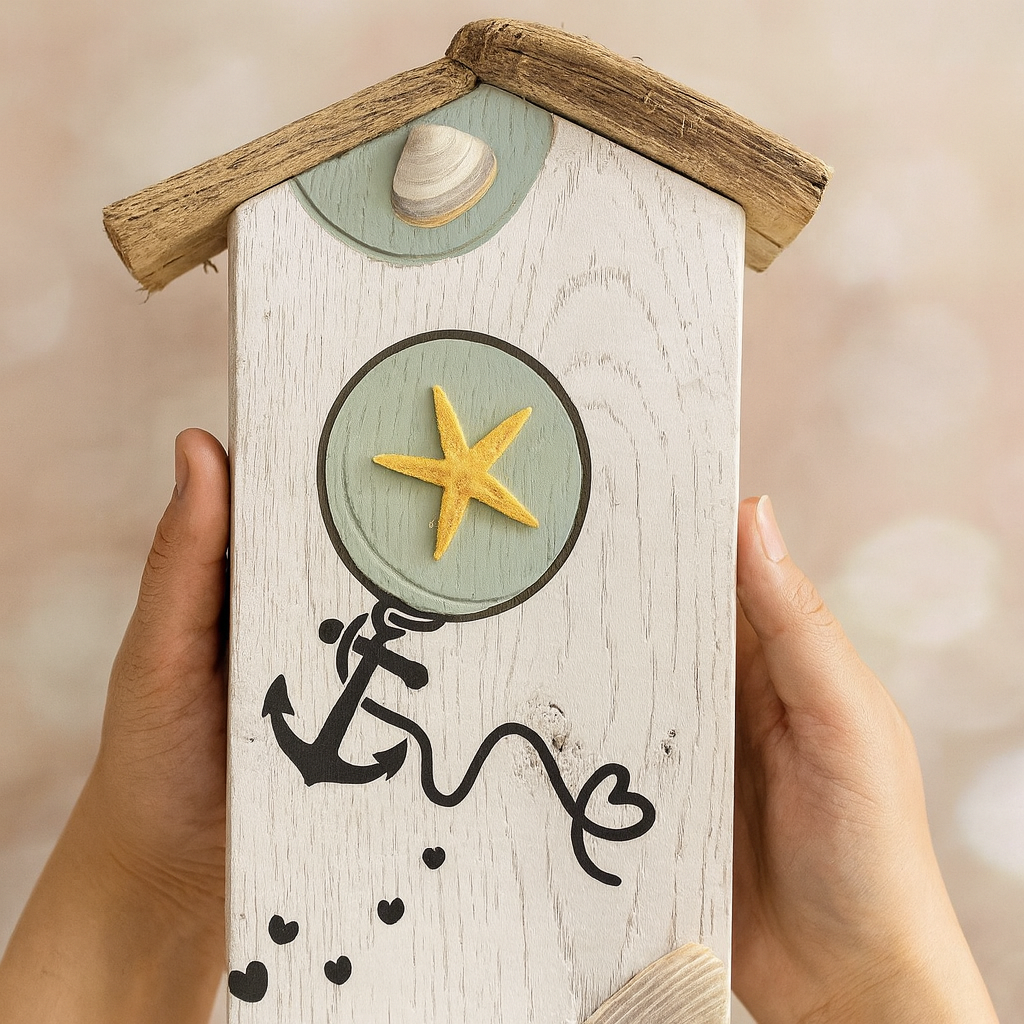Maritime Holz Deko Haus aus Treibholz, handgefertigt mit Muscheln und Anker, nordische Wohnaccesoires.