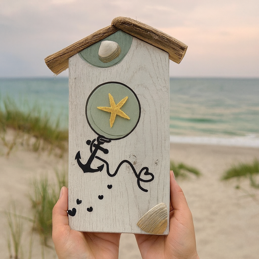 Handgemachtes Deko Haus aus Treibholz mit Strandfunden von der dänischen Küste, maritime Holzdeko im Skandi-Stil.