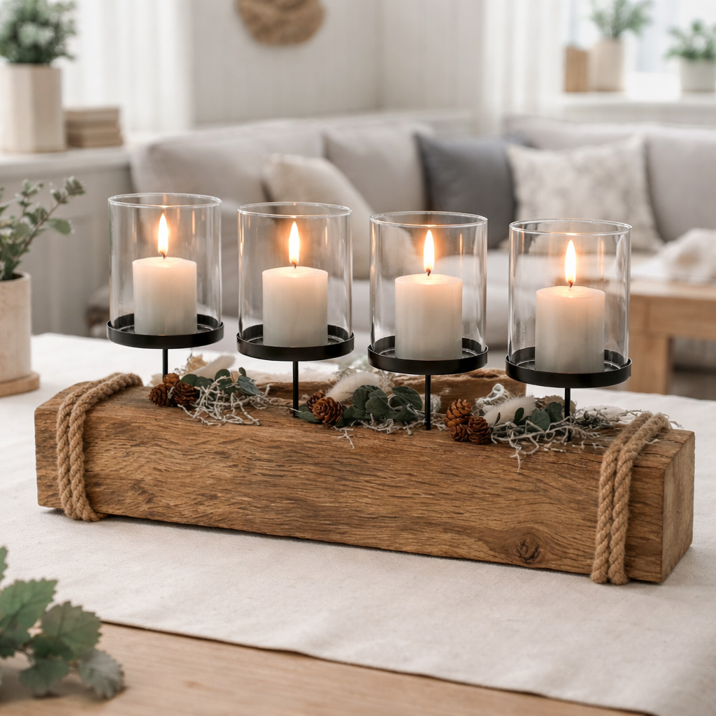 Ein rustikaler Treibholz Kerzenhalter 55 cm aus Holz mit vier in Glas eingeschlossenen Kerzen von Treibholzzauber79