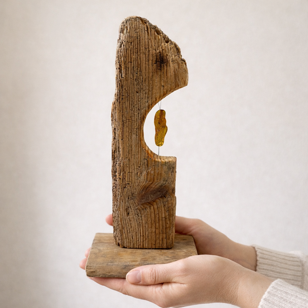 Einzigartige Treibholz Skulptur mit schwebendem Bernstein, handgefertigte nordische Deko aus Naturholz in den Händen gehalten