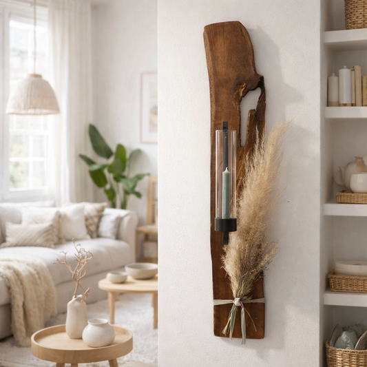 Wandkerzenhalter aus Treibholz Eiche im hellen skandinavischen Wohnzimmer mit Glaszylinder und Pampasgras