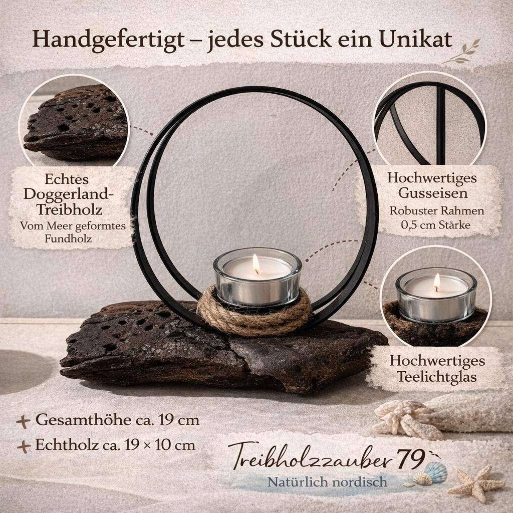Infografik zum Teelichthalter aus Doggerland Treibholz mit Maßen und hochwertigen Materialien