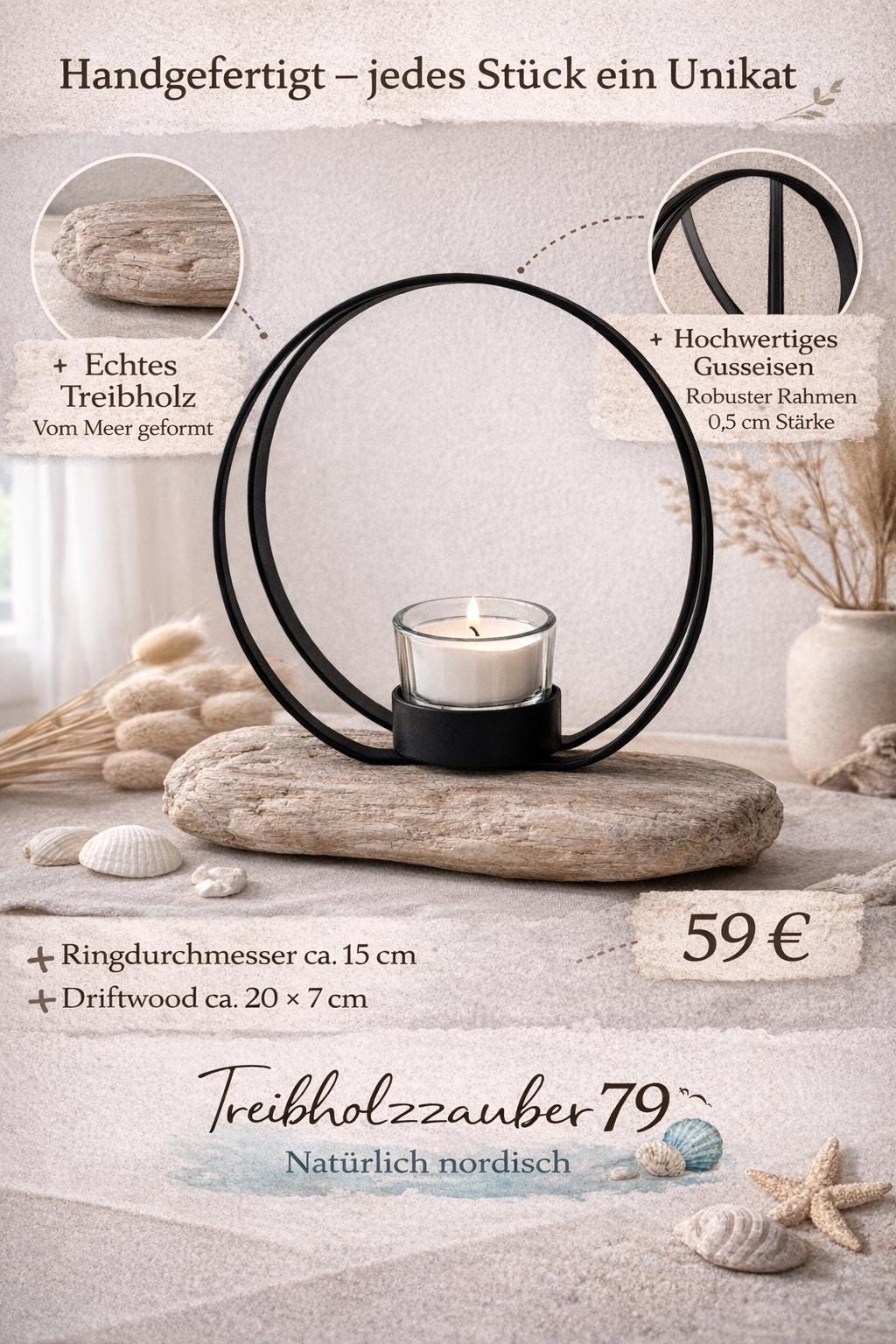 Infografik zum Teelichthalter aus Treibholz mit Maßen und Materialangaben