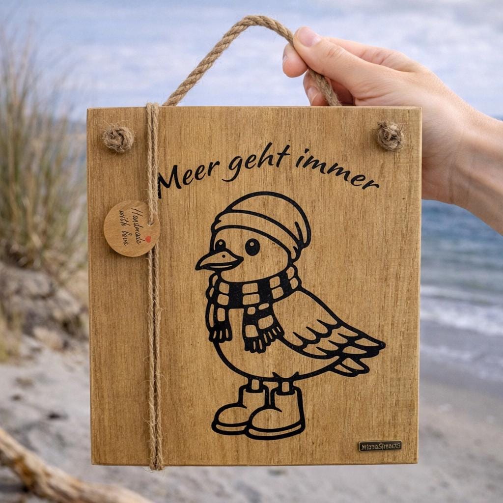 Küstendeko Holzschild mit Möwe und passender Postkarte für Meerliebhaber von Treibholzzauber79