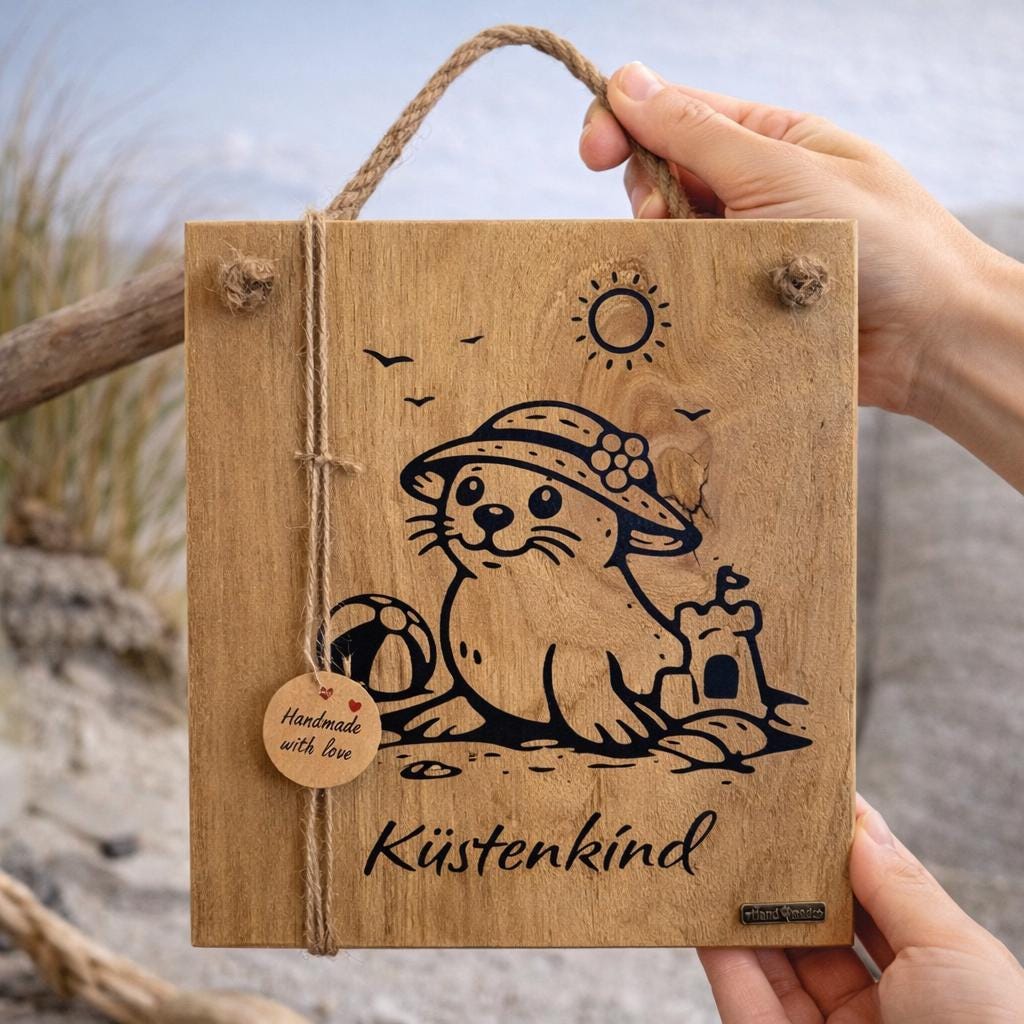 Handgefertigte Küstendeko aus Holz mit Robbe Mila und Strandmotiv von Treibholzzauber79
