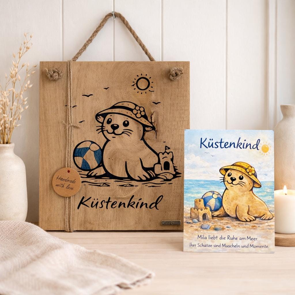 Küstenkind Holzschild aus Eichenholz mit Robbe und passender Postkarte maritime Deko von Treibholzzauber79