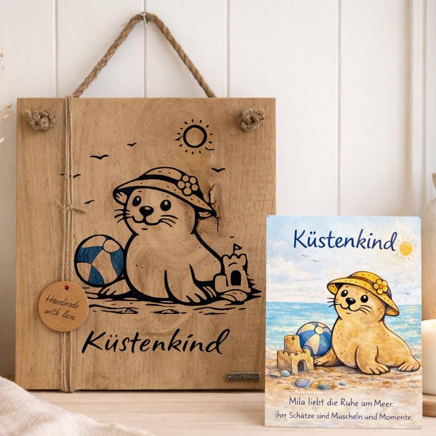 Küstenkind Holzschild mit Postkarte aus Eichenholz mit Robbe - maritime Deko von Treibholzzauber79
