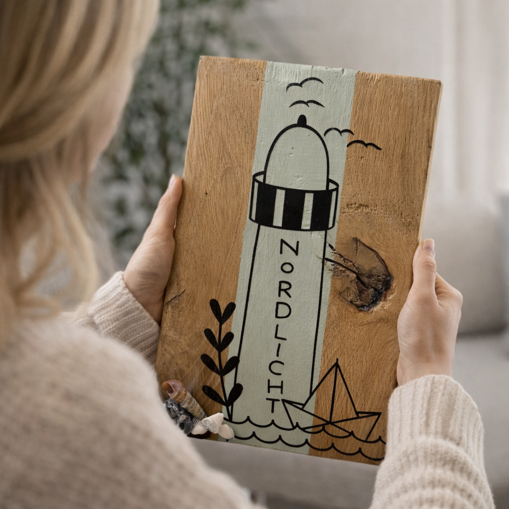 Leuchtturm Nordlicht Holzbild aus Eiche wird in den Händen gehalten und betrachtet von Treibholzzauber79