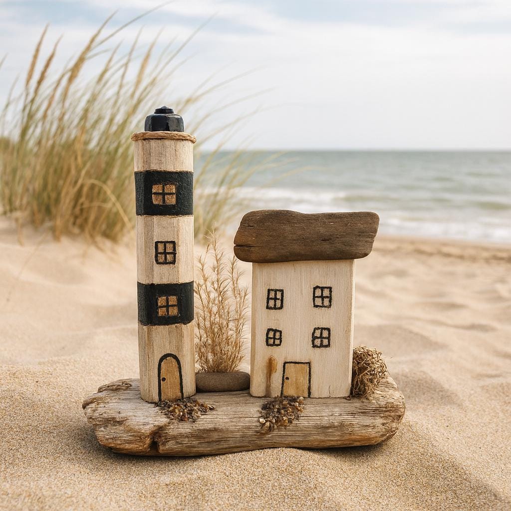 Handgemachte Küstendeko aus Treibholz mit Leuchtturm und Haus am Strand mit Dünen und Meer von Treibholzzauber79
