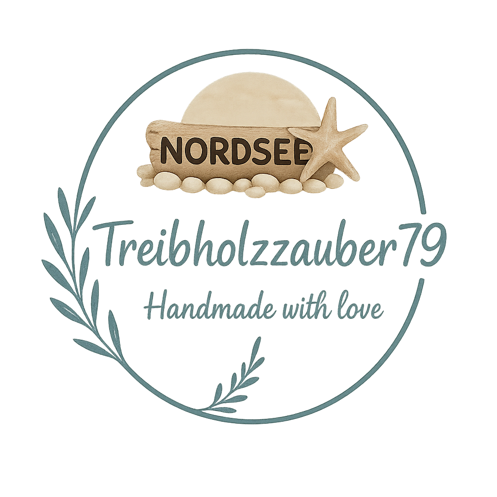 Treibholzzauber79 Markenbild mit Dünen, Meer und Küstendeko-Logo.