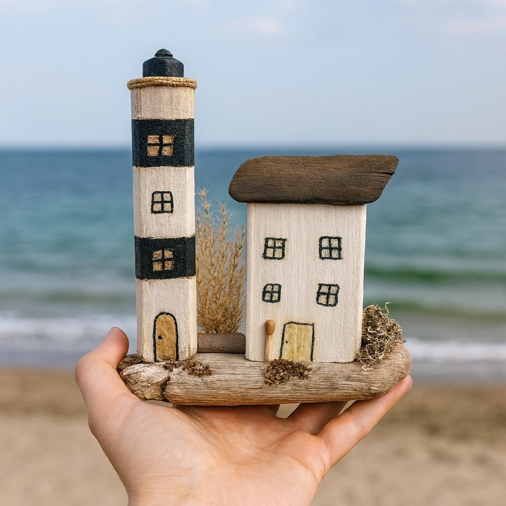 Maritime Treibholz Deko mit Leuchtturm und Haus wird am Meer in der Hand gehalten von Treibholzzauber79