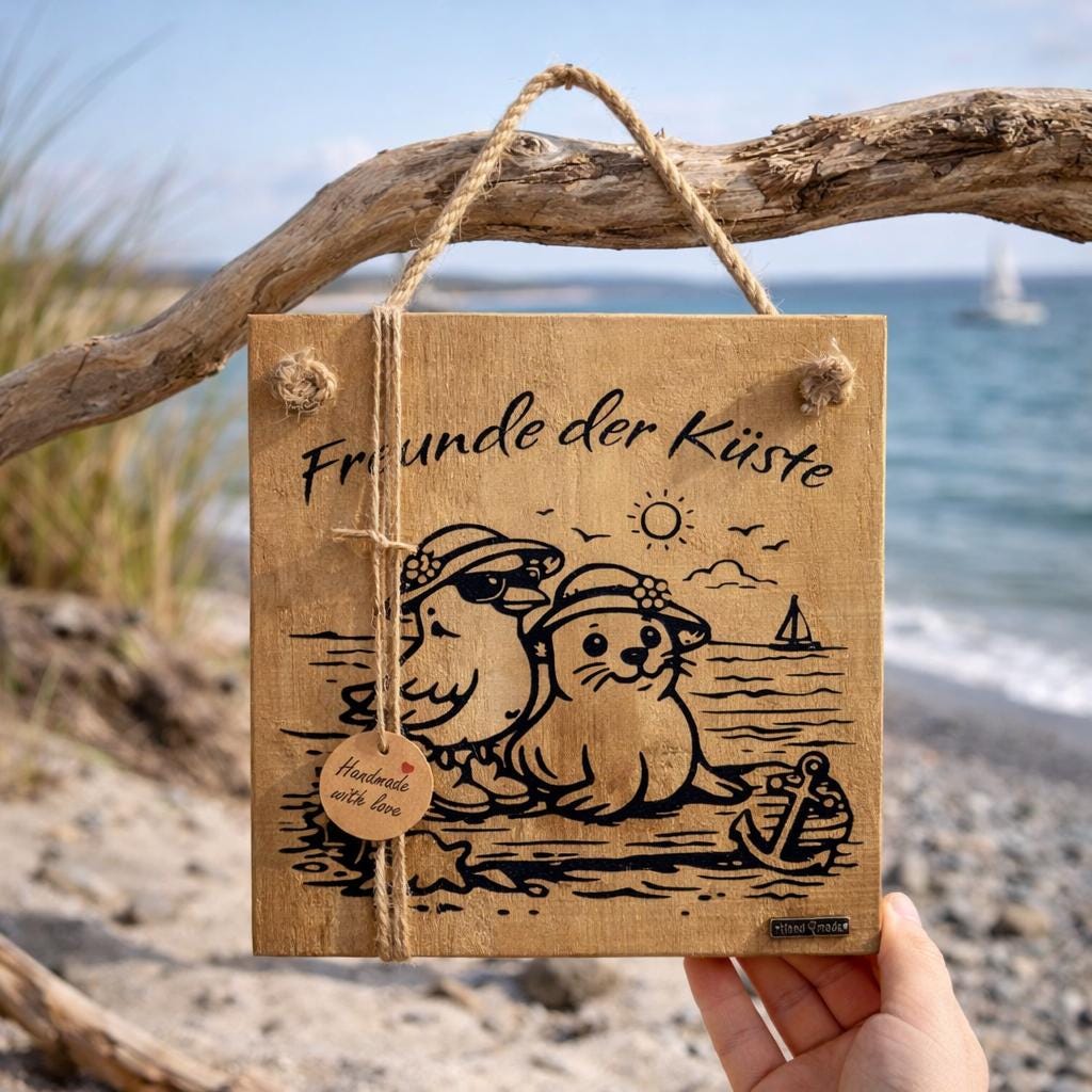 Maritime Wanddeko Holzschild Freunde der Küste aus Eichenholz am Strand mit Meer im Hintergrund von Treibholzzauber79