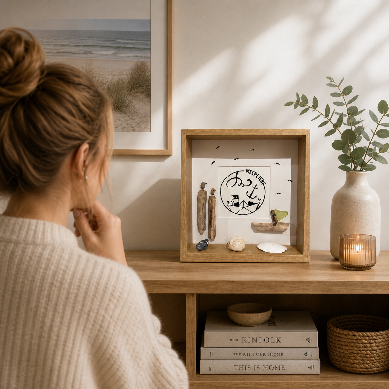 Maritime Wanddeko Treibholz Bild im skandinavischen Wohnzimmer