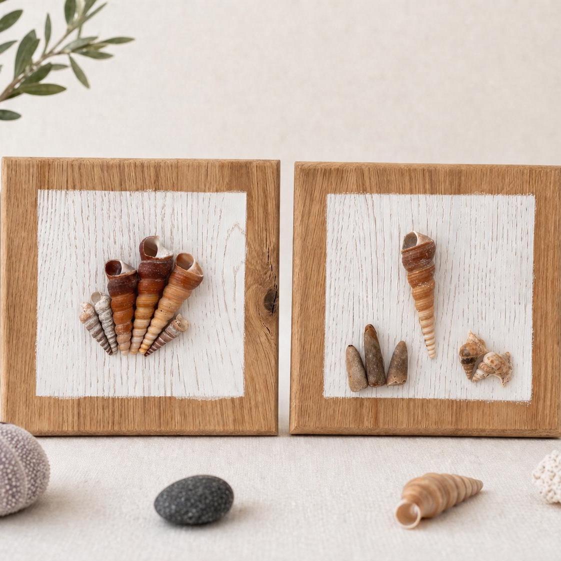 Maritime Wanddeko als 2er Set aus Eichenholz mit Donnerkeile und Muscheln, handgemachte nordische Küstendeko