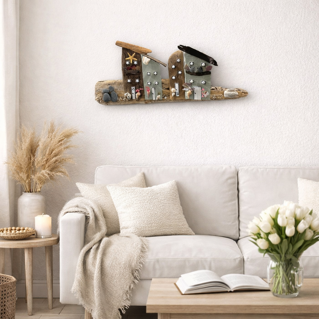 Maritime Wanddeko aus Treibholz im hellen Wohnraum über Sofa im nordischen Stil von Treibholzzauber79