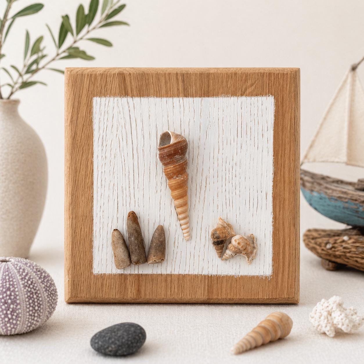 Maritime Wanddeko mit Schneckenhäusern und Donnerkeile auf Holz, handgemachte Küstendeko
