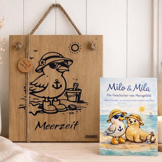 Meerzeit Holzschild mit Postkarte aus Eichenholz und mit Möwe Milo - maritime Deko von Treibholzzauber79