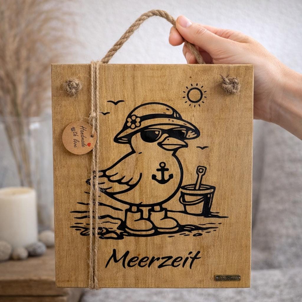 Maritimes Holzschild Meerzeit mit Möwe und Anker aus massivem Eichenholz handgemacht von Treibholzzauber79
