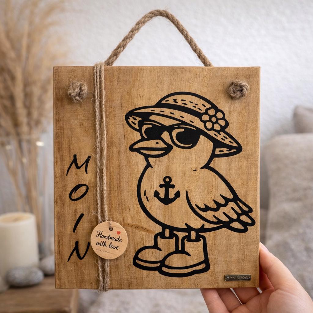 Holzschild Moin mit Möwe maritime Deko aus Eichenholz nordische Wandgestaltung von Treibholzzauber79